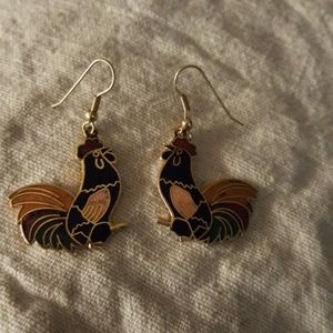Vintage Cloisonne Rooster Colorful Dangle Earrings
